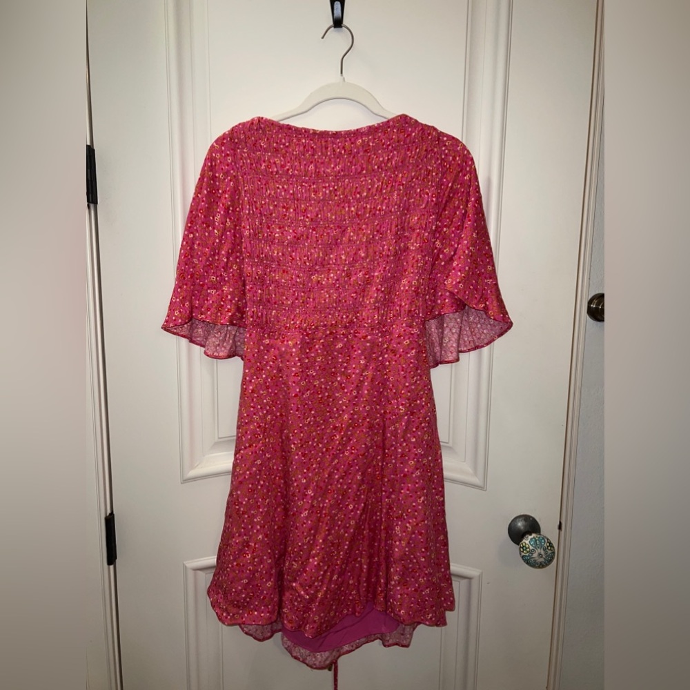 Free People Florence Pink Floral Smocked Laced-Up-Back Mini Dress, Large